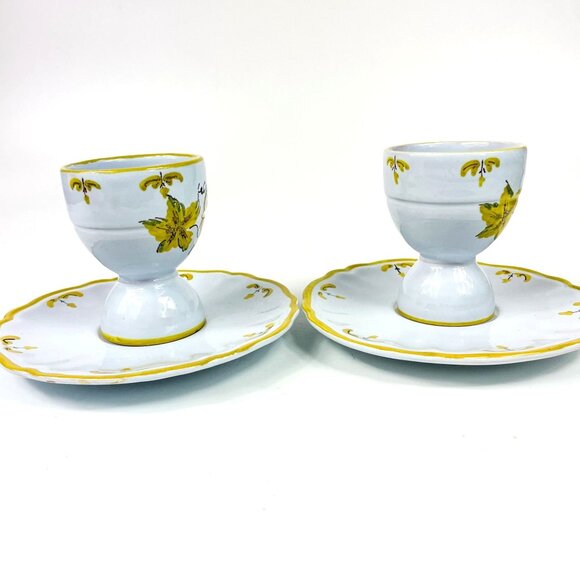 Cantagalli Florence Italy Double Egg Cups With Plates Set Of 2 Ceramic Ivy Vine - Picture 3 of 7